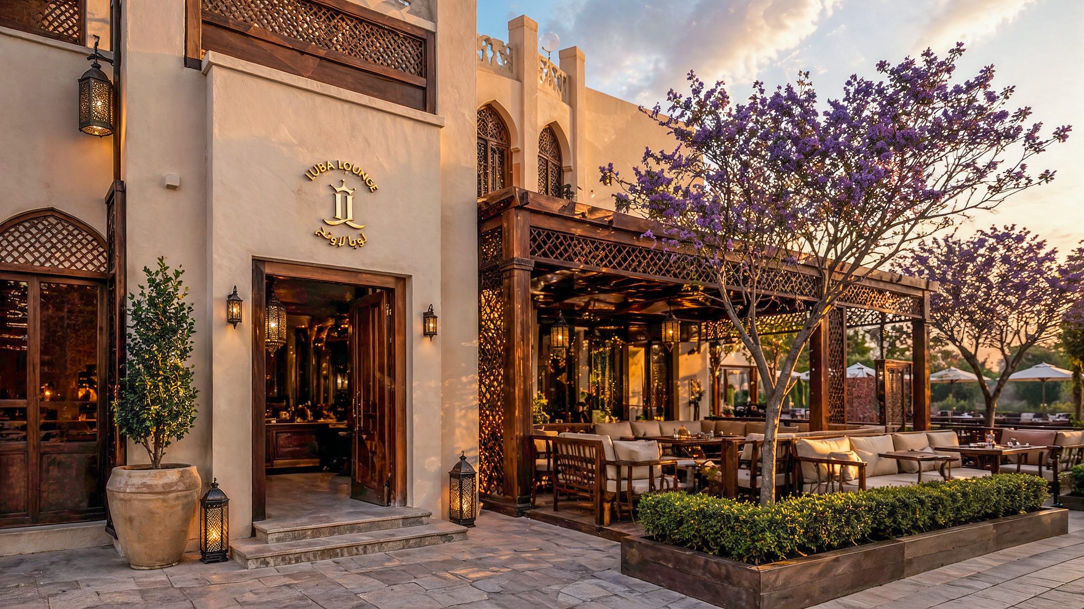 A lantern-lit café entry beside a jacaranda in bloom at dawn — the Rawasheen Valley plaza in soft warm light.