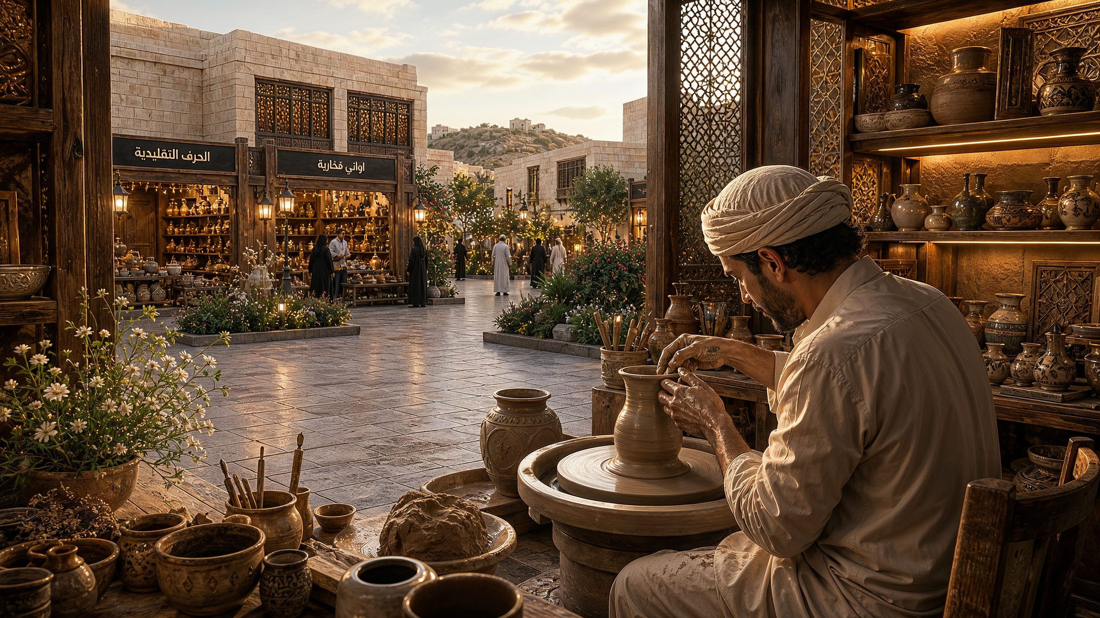 A potter at the wheel inside an artisan workshop, with traditional crafts shopfronts in soft golden-hour light.
