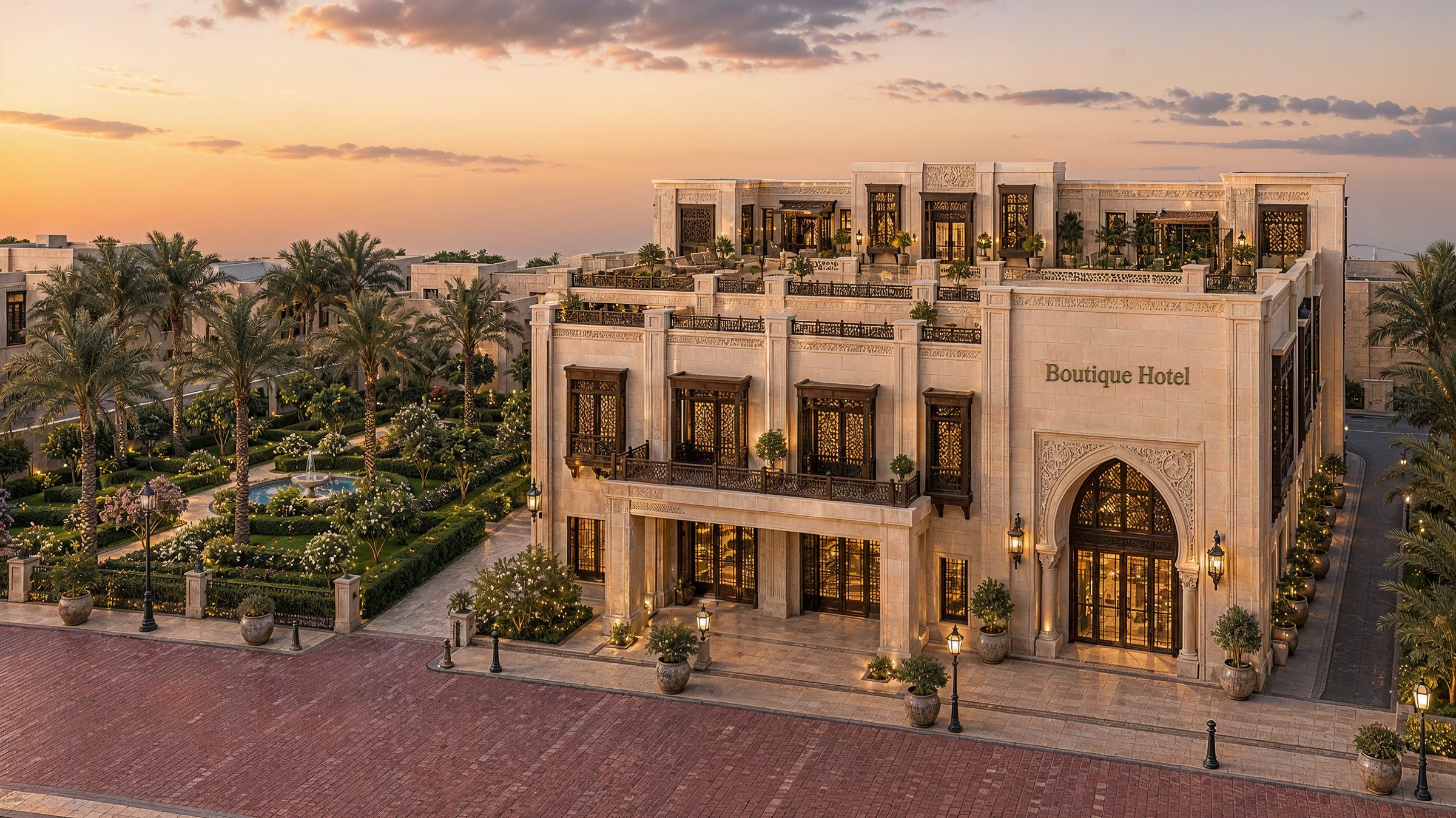 Limestone Hejazi-revival boutique hotel facade at sunset, with carved walnut mashrabiya balconies and pointed-arch portal.