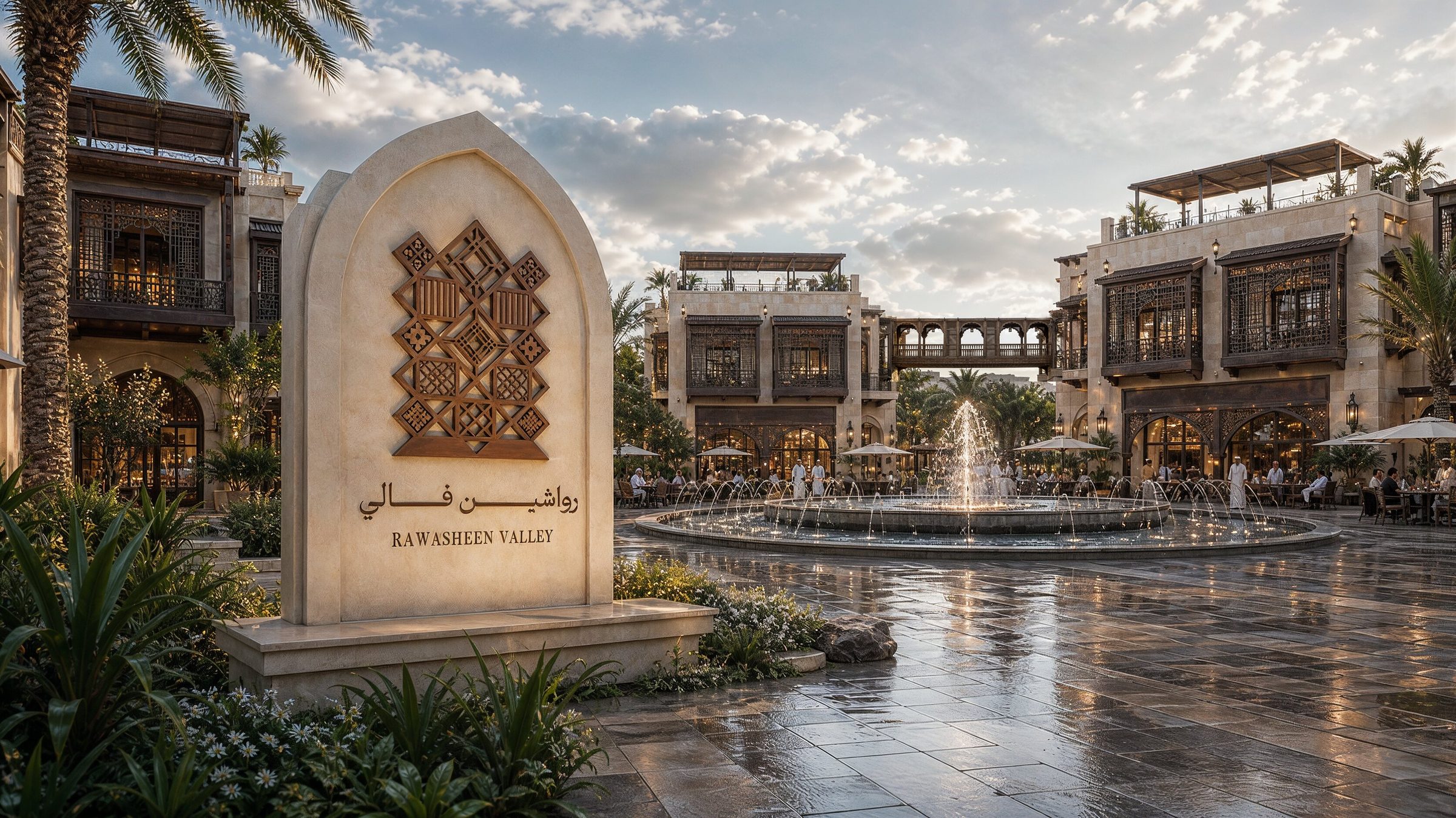 Rawasheen Valley — sunset over the Hejazi plaza fountain with the brand monument in foreground