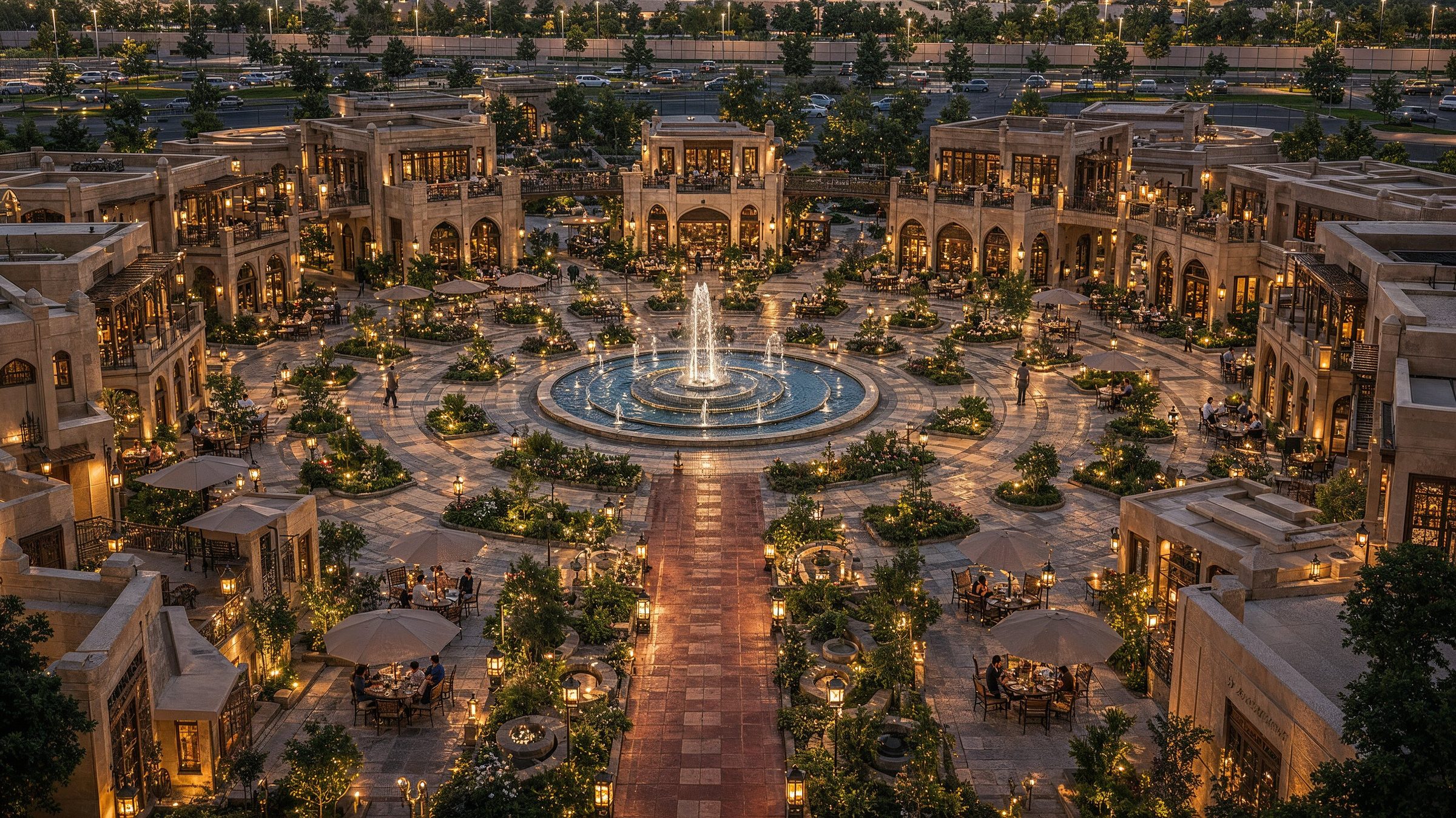 Aerial view of Rawasheen Valley plaza at twilight, with the central fountain ringed by Hejazi-revival retail villas under warm lantern light.
