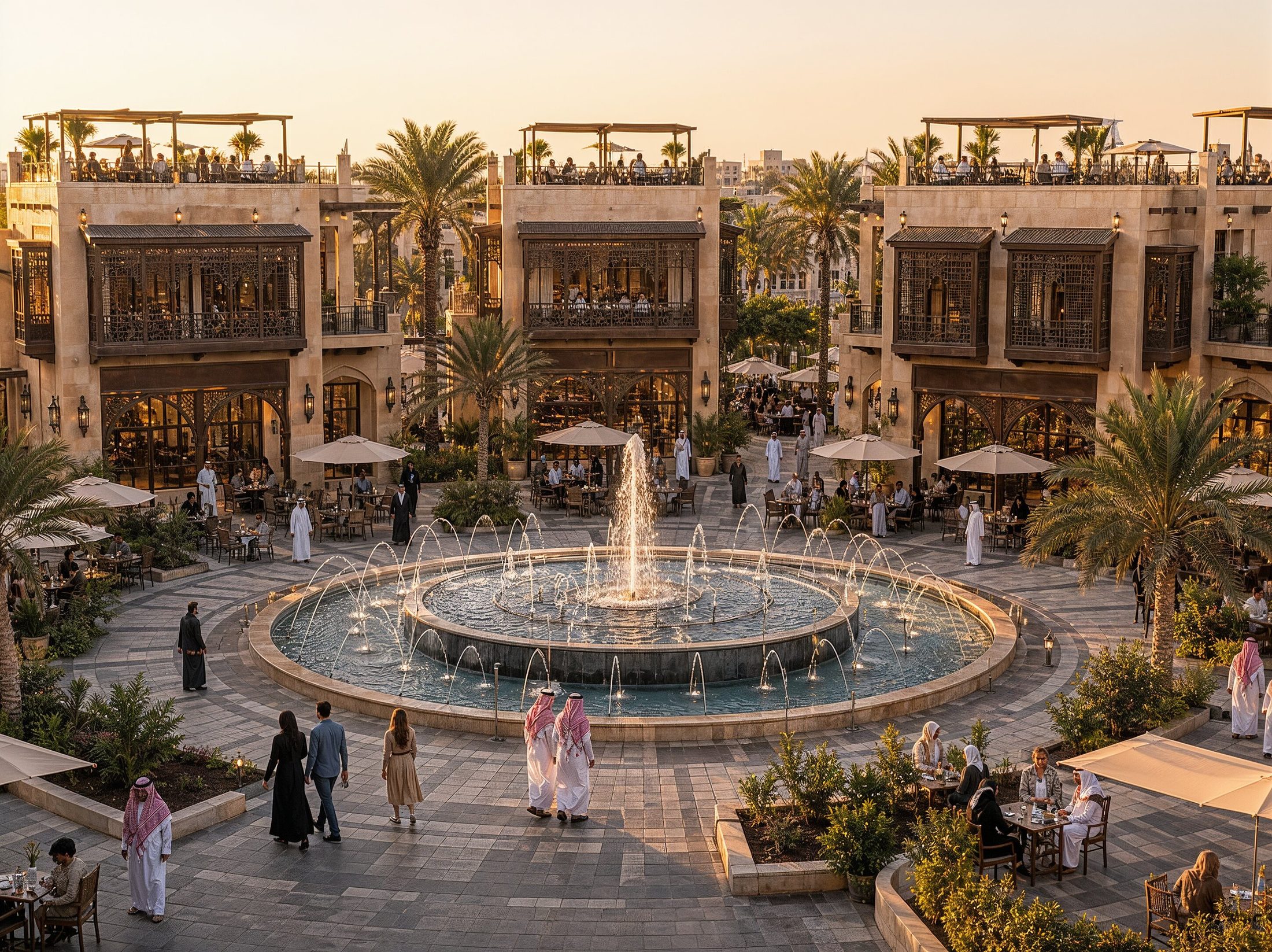 A circular fountain at the centre of a Hejazi plaza at golden hour, surrounded by mashrabiya-screened restaurants and Saudi guests.
