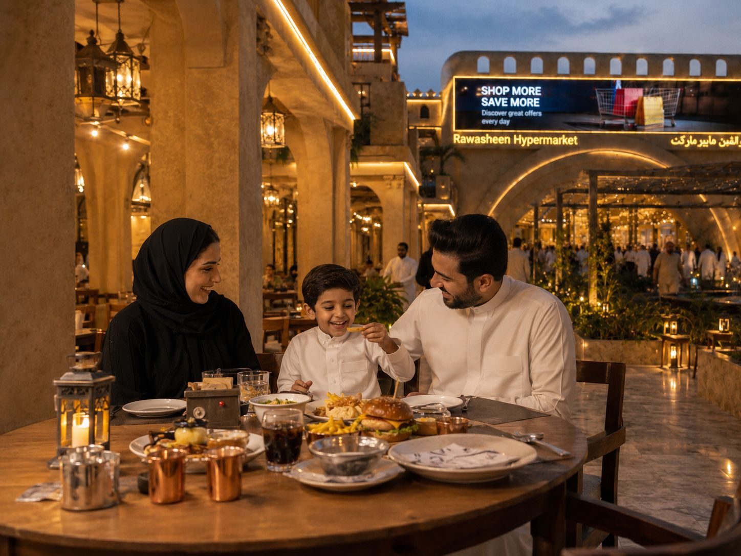 A Saudi family dining outdoors at Rawasheen Valley, warm lanterns overhead and the lit plaza beyond.
