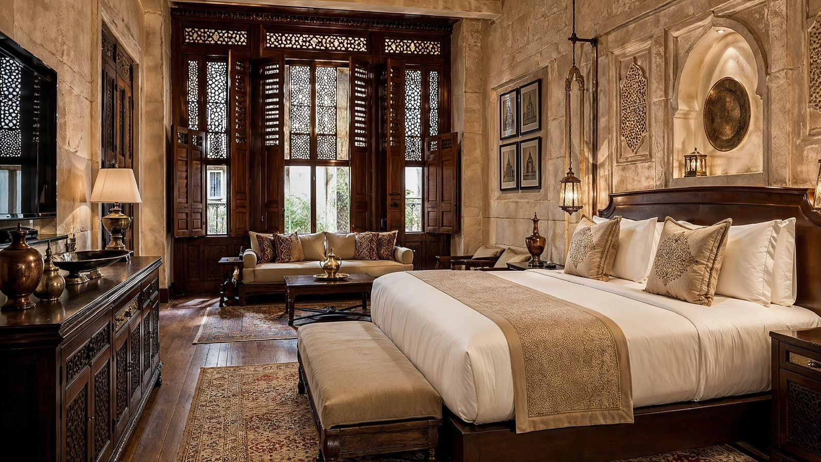 A boutique hotel suite at Rawasheen Valley — limestone walls, carved walnut mashrabiya windows, four-poster bed dressed in embroidered linen.