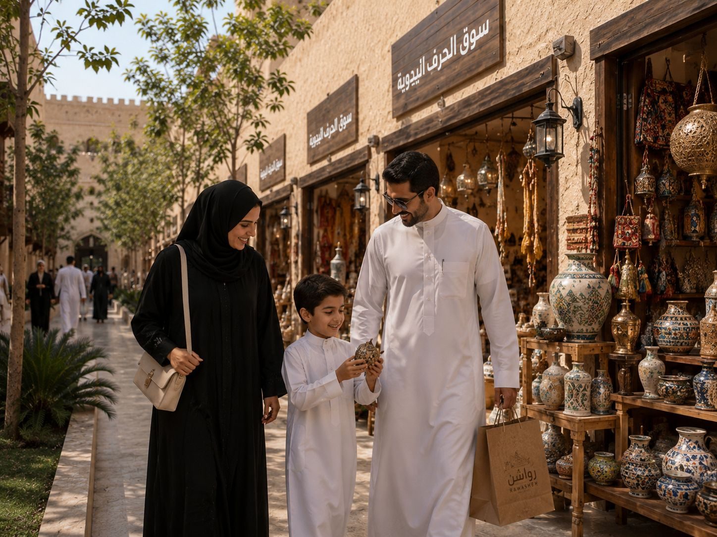 A Saudi family in the Rawasheen Valley souk, examining hand-painted pottery at an artisan stall.