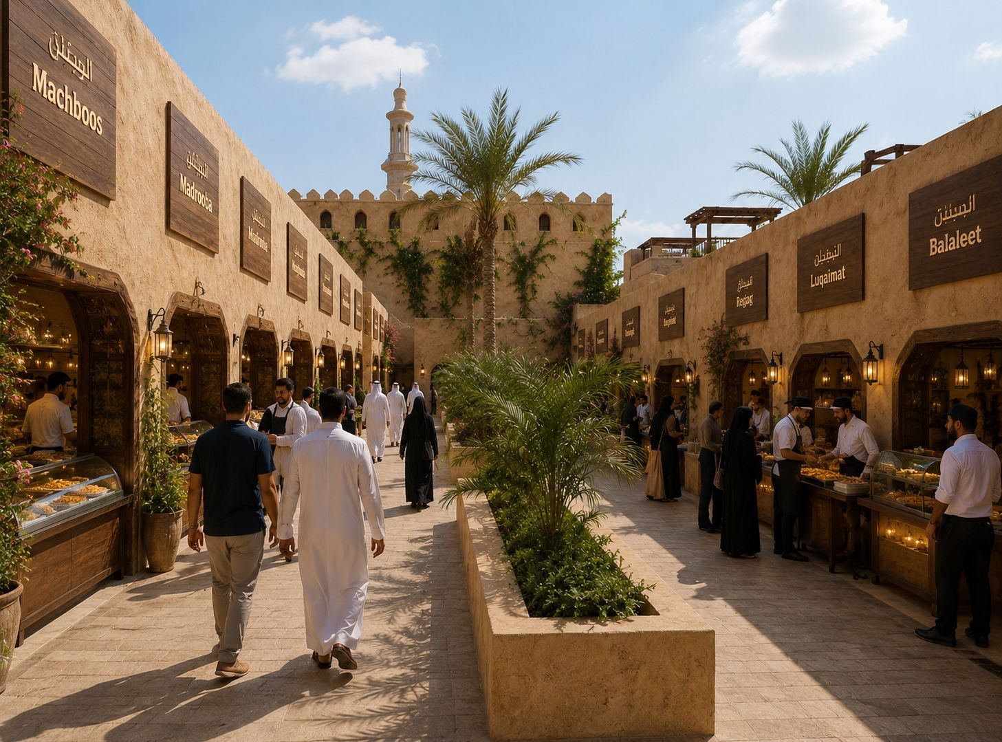 A Saudi food market at golden hour with stalls signed Machboos, Mantoo, Luqaimat, Balaleet — guests walking between the stone arches under date palms and a minaret beyond.